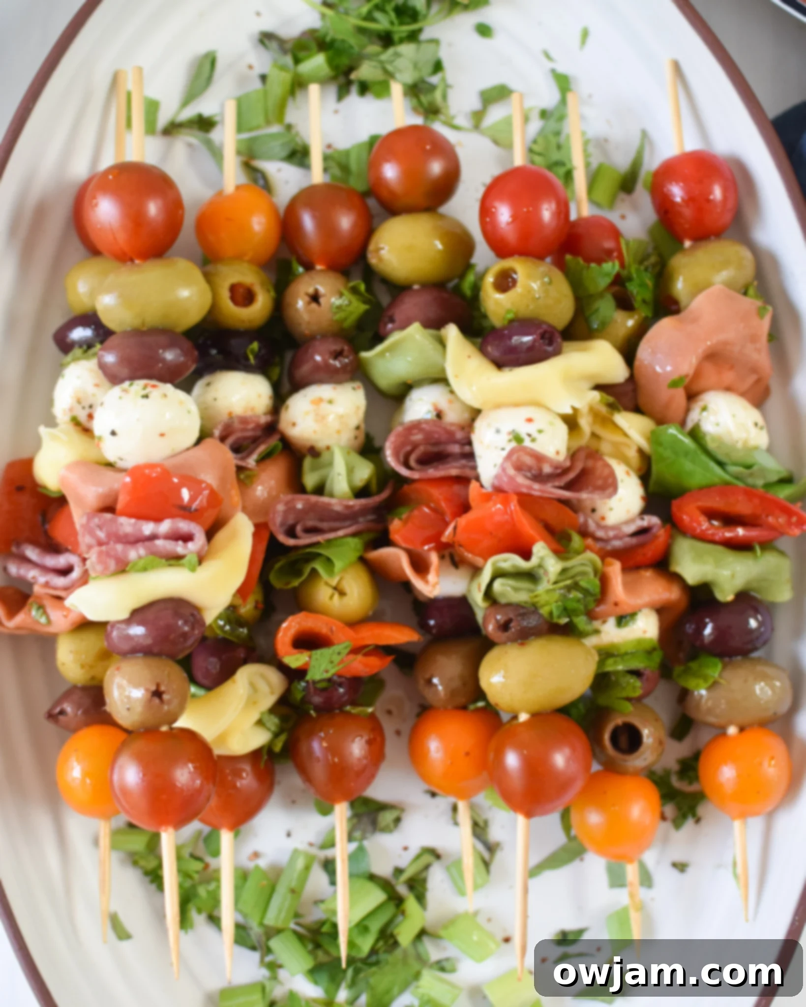 Italian Skewer Medley 8 A beautifully presented Antipasto Skewer on a pristine white plate, garnished with fresh herbs.