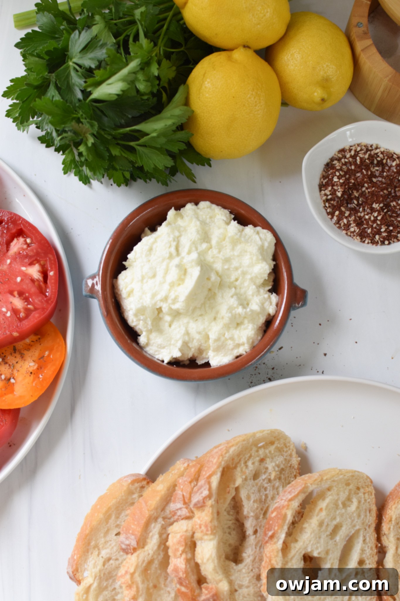 Creamy Feta Tomato Toast 3 Tomato Toast with Whipped Feta ingredients.