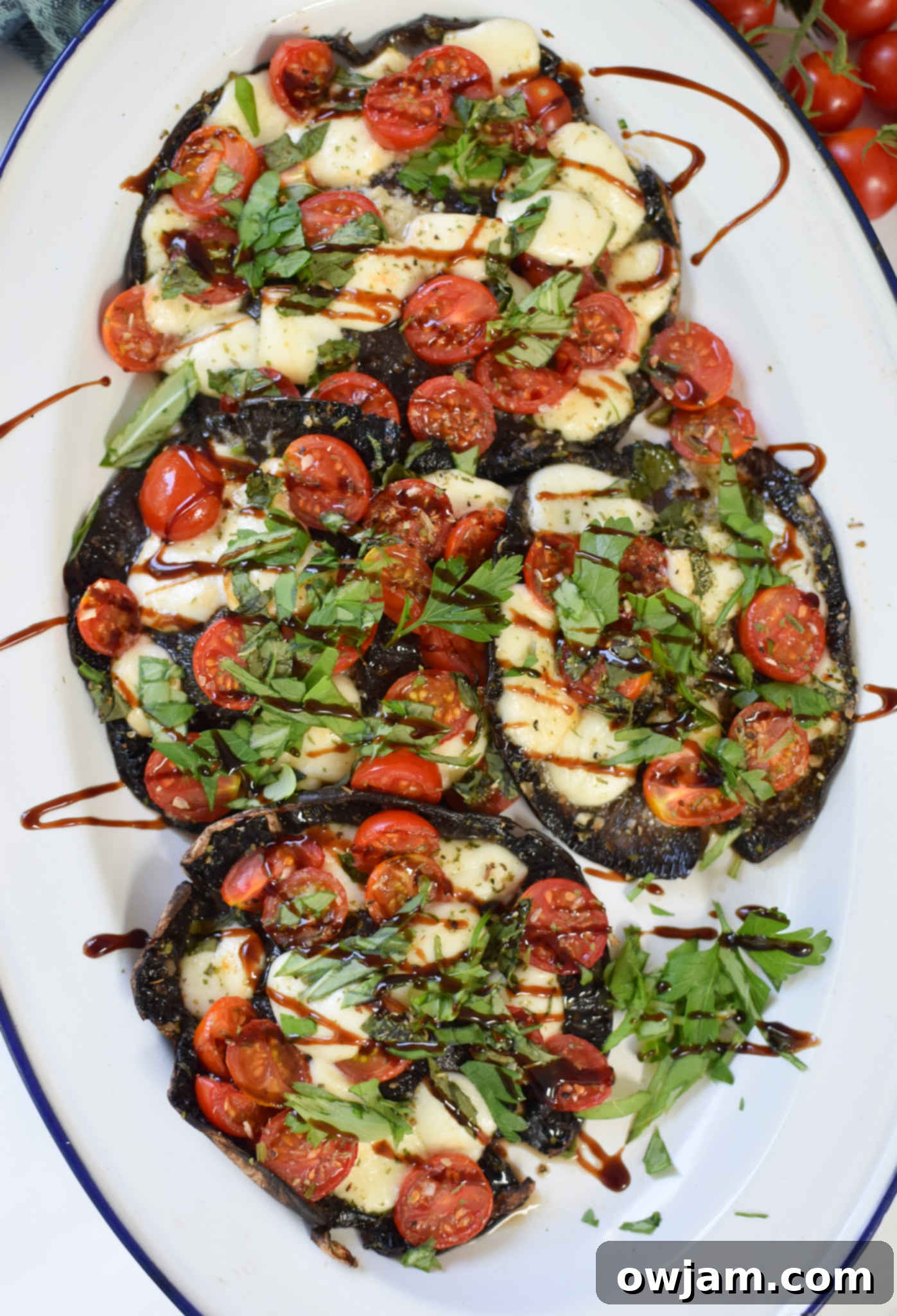 Caprese-Stuffed Portobellos 2 Caprese Stuffed Portobello Mushrooms with balsamic drizzle on a white platter, ready to be served.