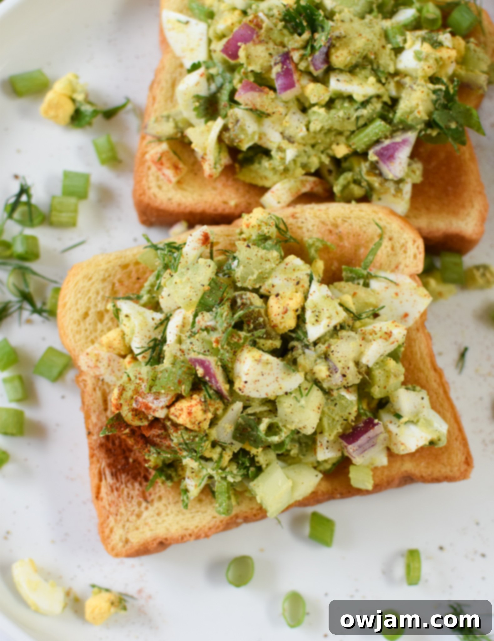 Creamy Avocado Egg Salad 2 Creamy Avocado Egg Salad served on toasted brioche bread, garnished with fresh dill and parsley.