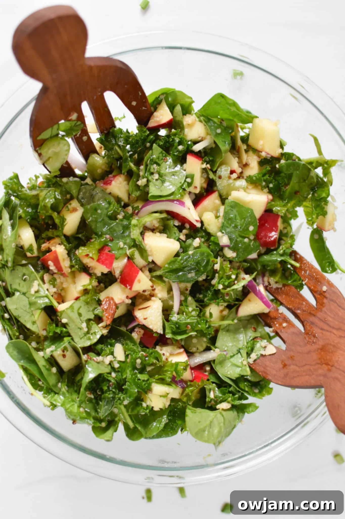 Nourishing Apple Kale Quinoa Salad 7 Apple Kale Quinoa Salad ingredients in a bowl.