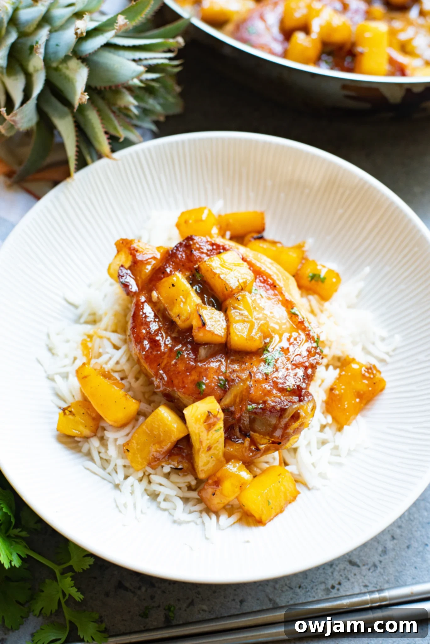 Sweet and Savory Pineapple Pork Chops 4 A single Easy Pineapple Pork Chop resting on a white plate, coated in the sweet and sour pineapple sauce, ready to be enjoyed.