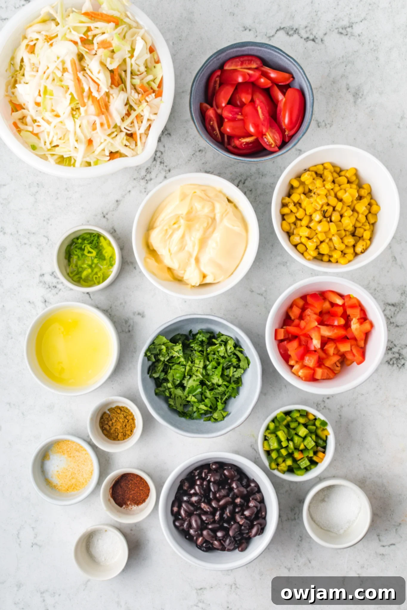 Zesty Mexican Fiesta Slaw 4 Individual ingredients laid out for Easy Mexican Coleslaw preparation