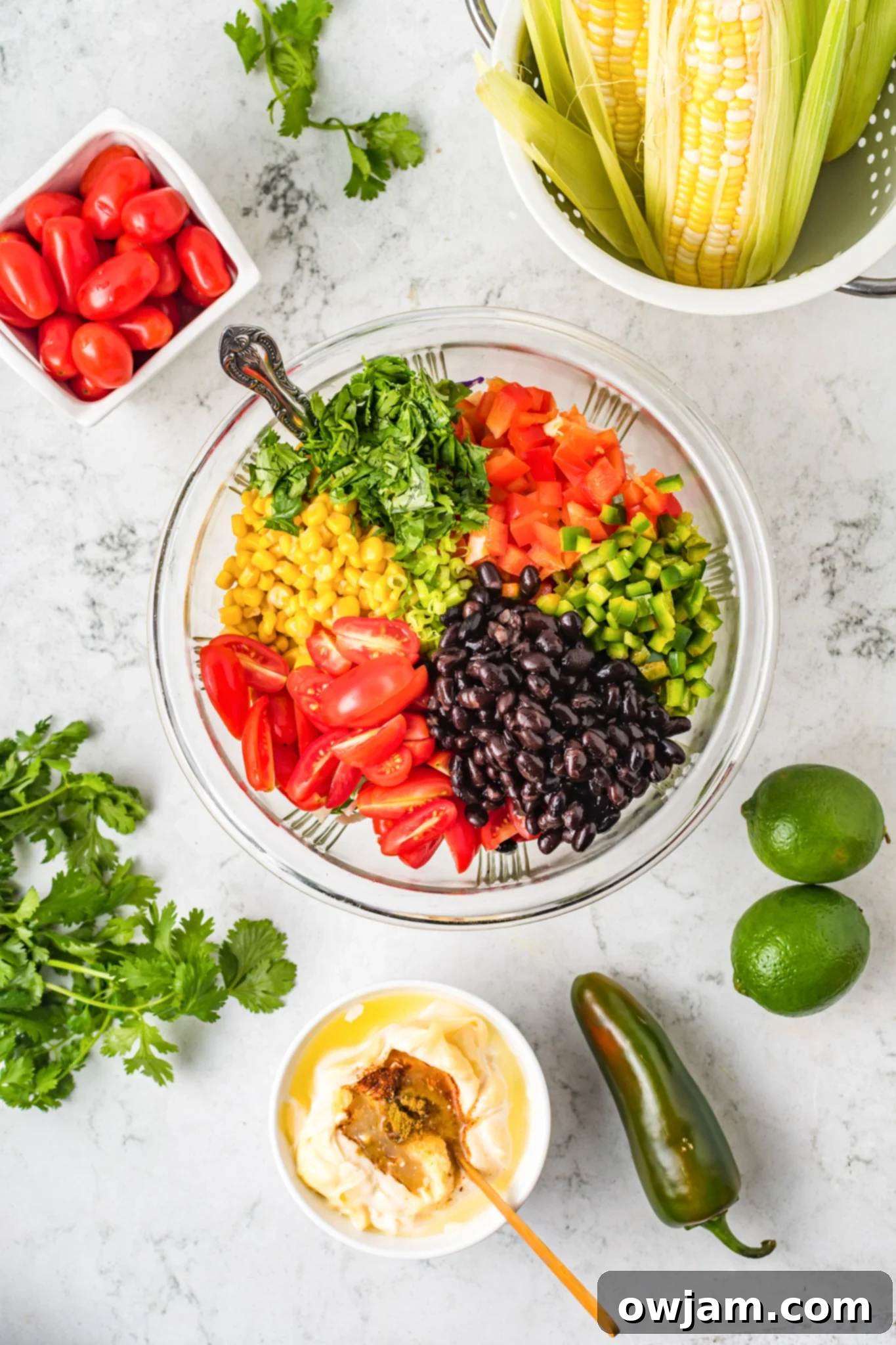 Zesty Mexican Fiesta Slaw 6 Mixed coleslaw ingredients in a large mixing bowl, ready for dressing