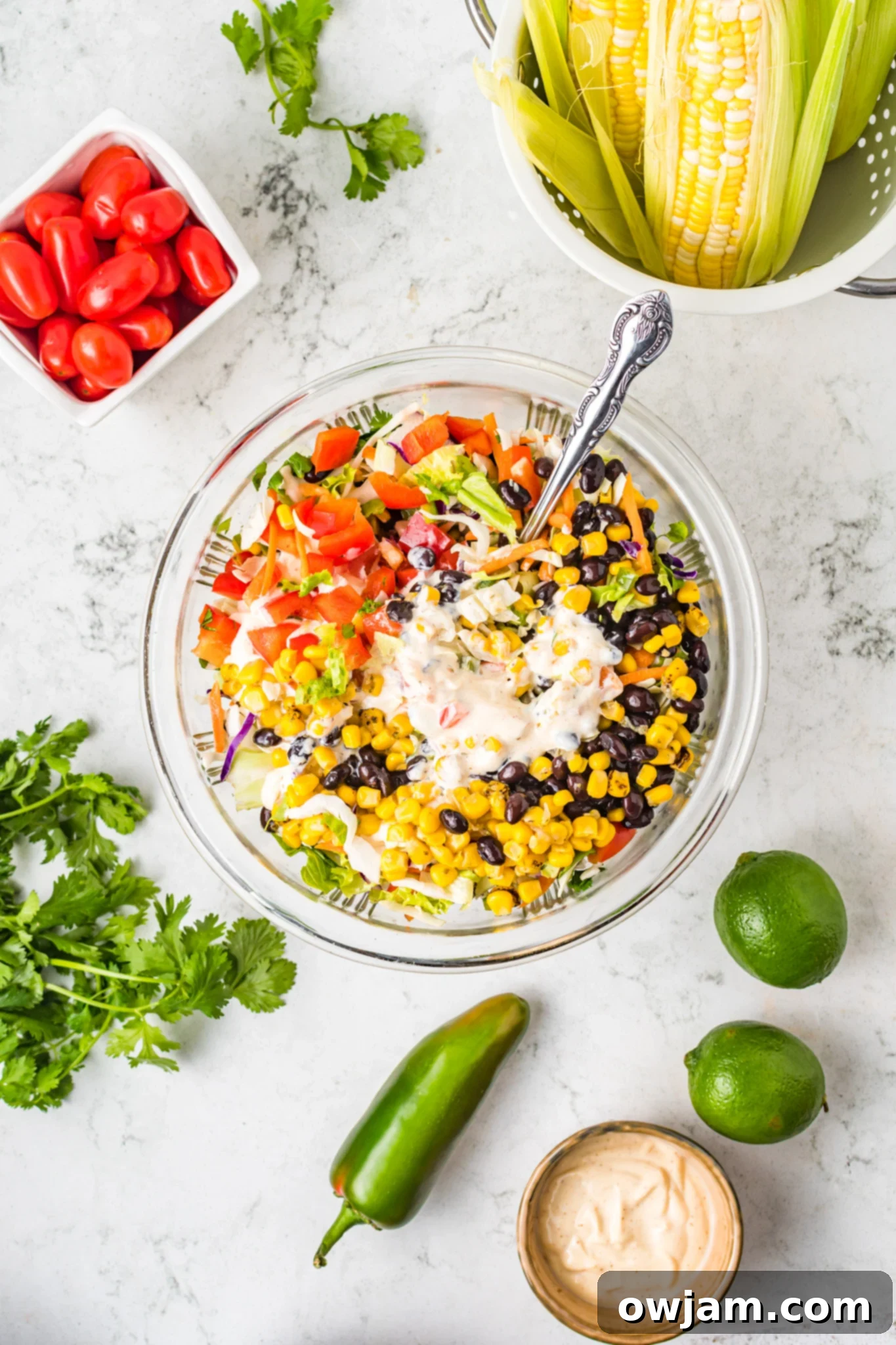 Zesty Mexican Fiesta Slaw 7 Creamy citrus dressing being poured over the Mexican coleslaw ingredients