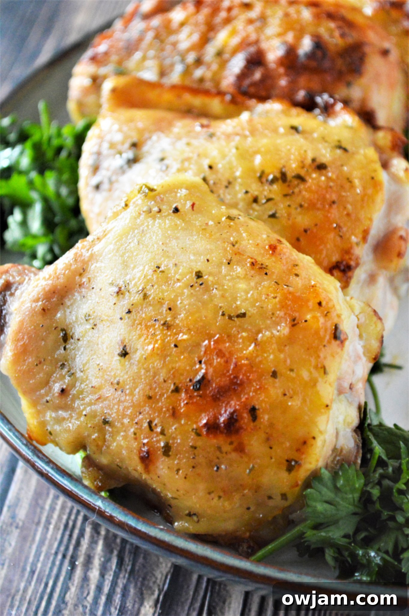 Zesty Ranch Chicken Thighs 3 Oven Baked Ranch Chicken Thighs with ranch seasoning.