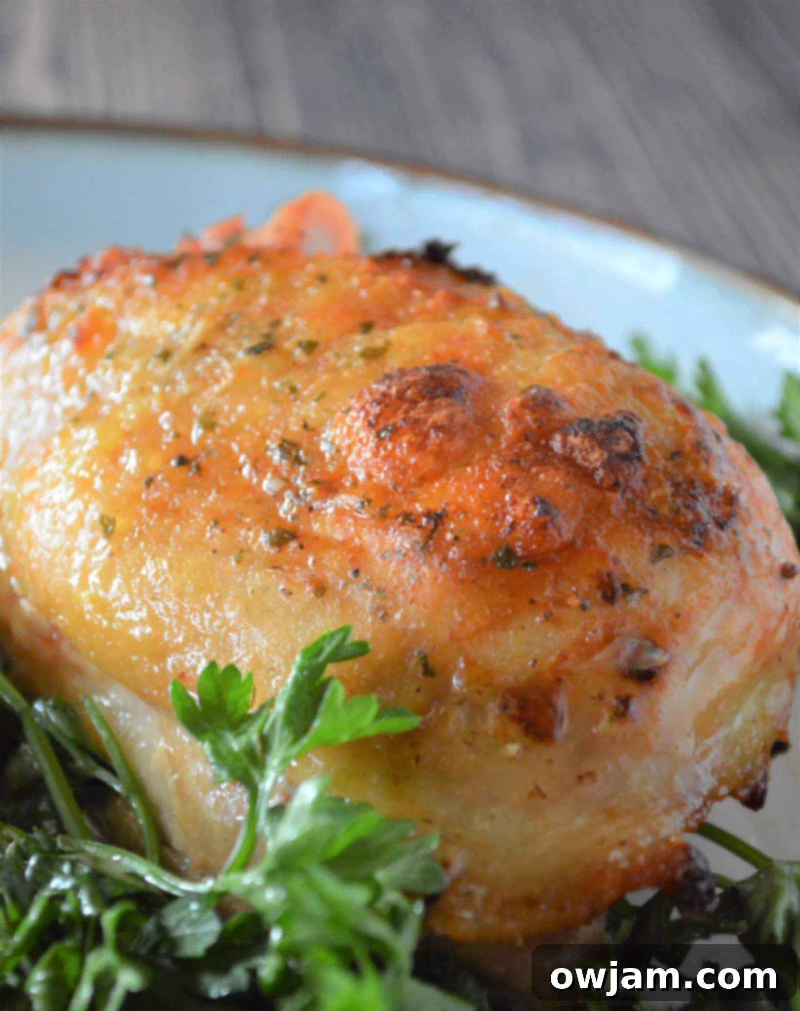 Zesty Ranch Chicken Thighs 7 Oven Baked Ranch Chicken Thighs in a white dish.
