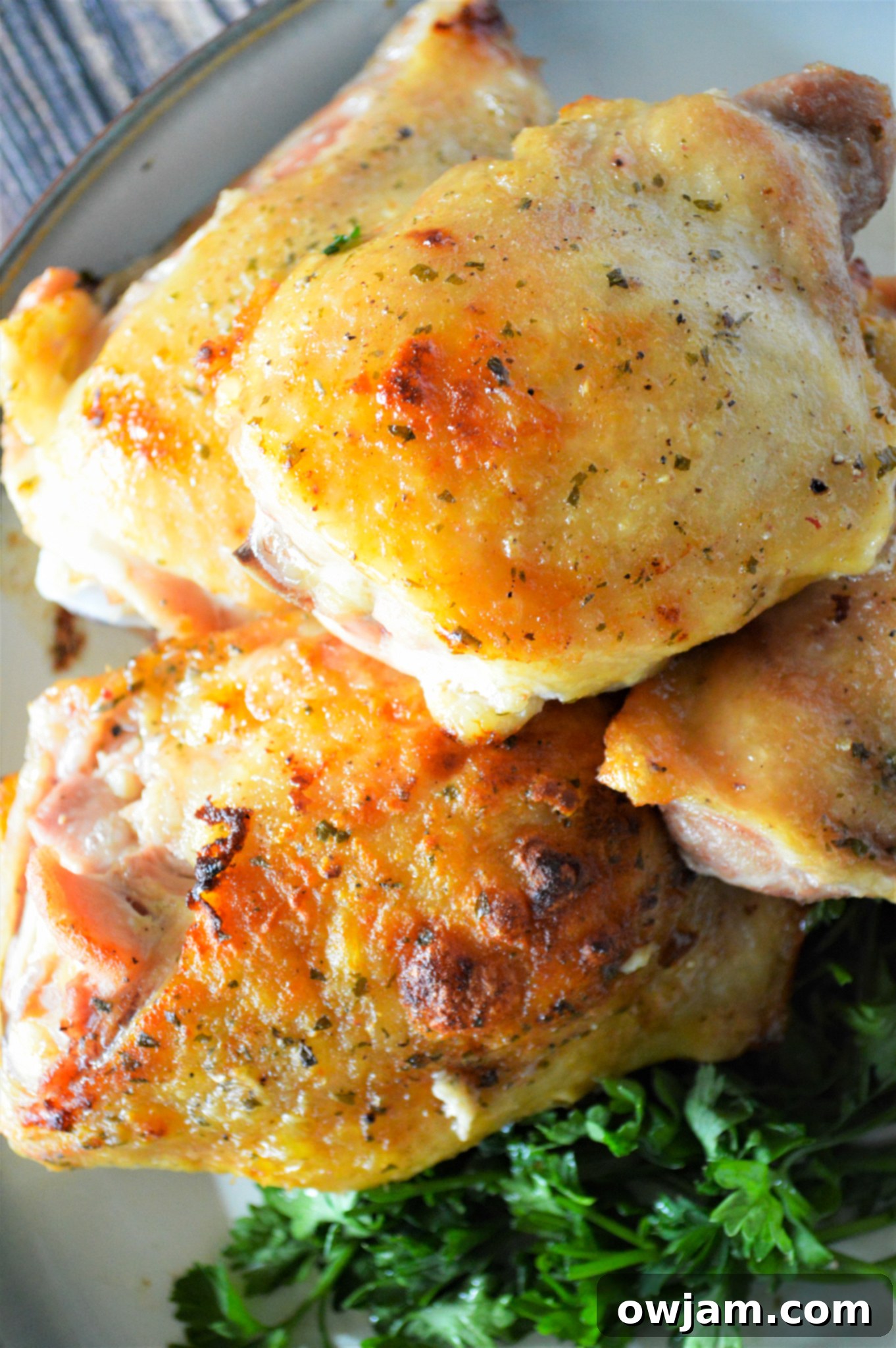 Zesty Ranch Chicken Thighs 8 Oven Baked Ranch Chicken Thighs with skin on.