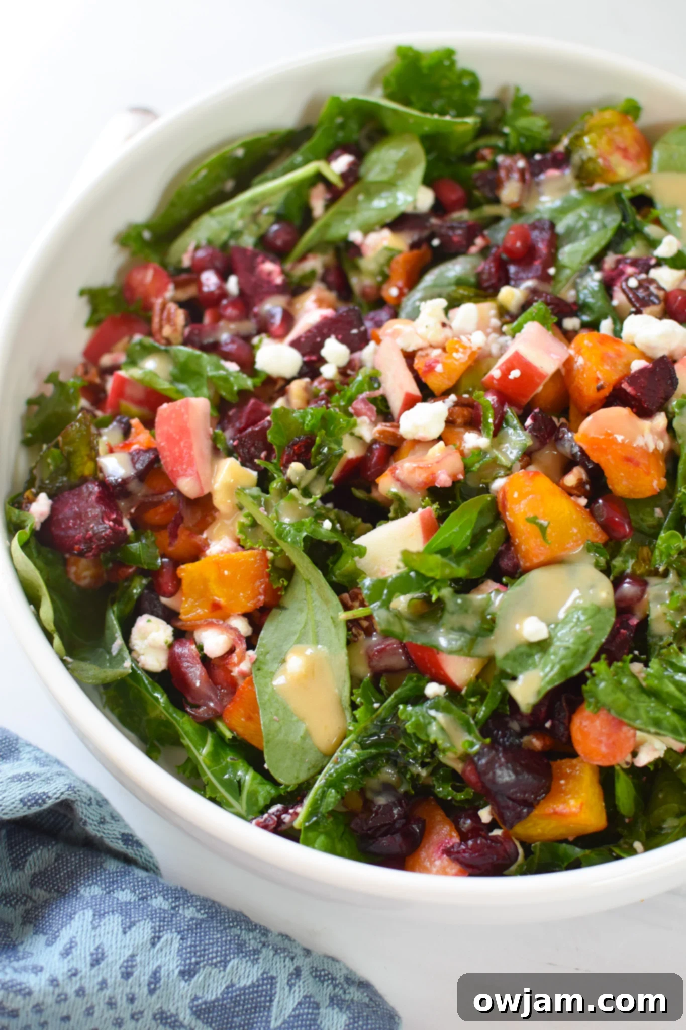 Autumn Bounty Bowl 2 A beautifully arranged Fall Harvest Salad in a pristine white bowl, showcasing vibrant roasted vegetables, greens, and fruits.