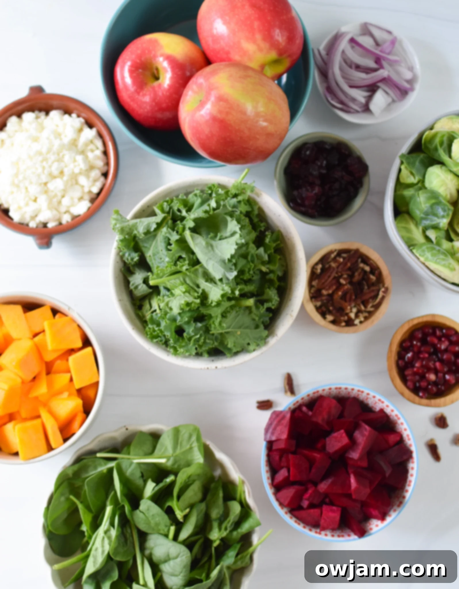 Autumn Bounty Bowl 3 An array of fresh, vibrant Fall Harvest Salad ingredients laid out, including butternut squash, beets, Brussels sprouts, carrots, red onion, kale, spinach, apples, pecans, dried cranberries, pomegranate arils, and goat cheese.