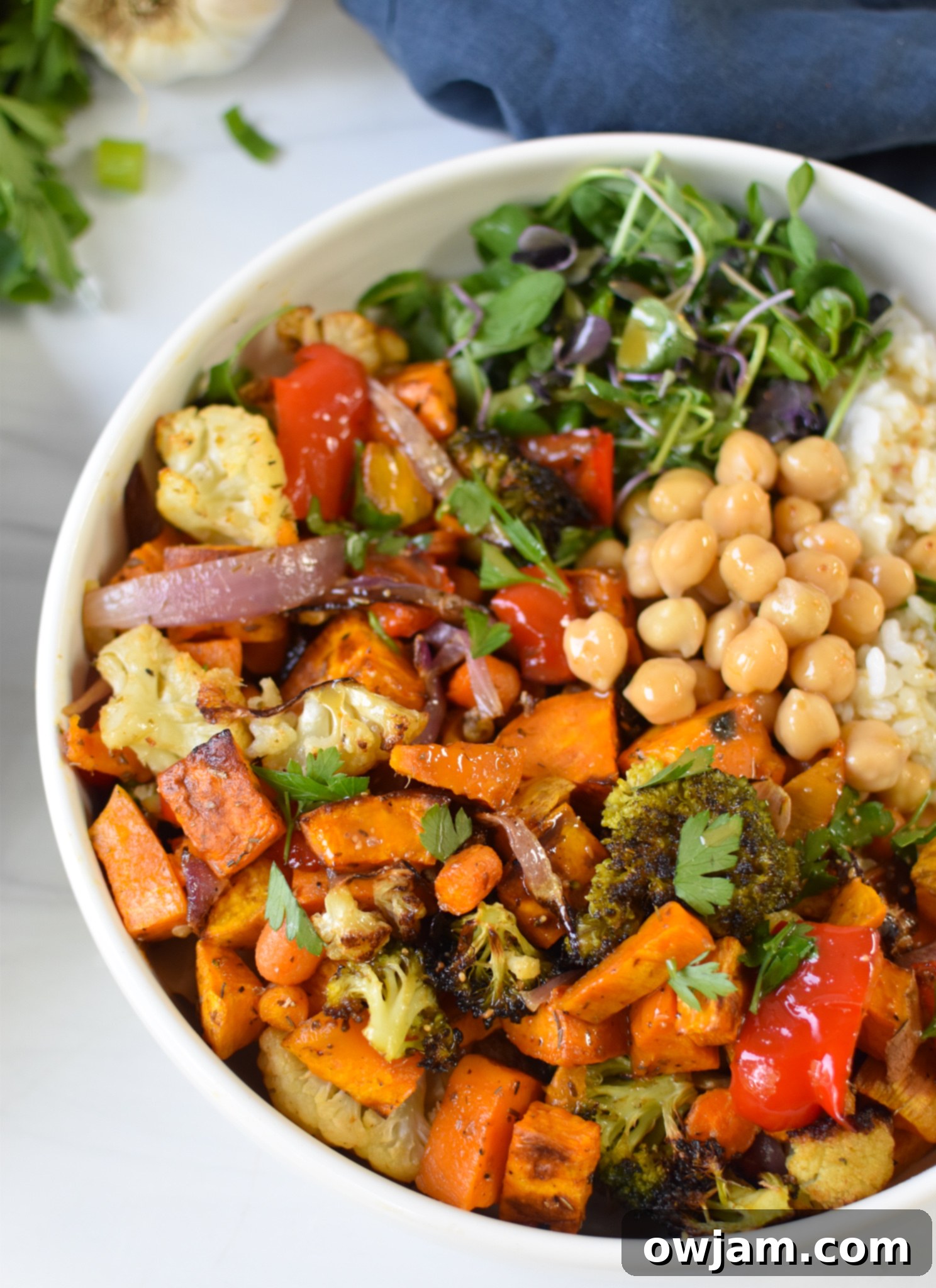 Sweet Potato Bowl in a white bowl, perfectly assembled for a healthy meal.