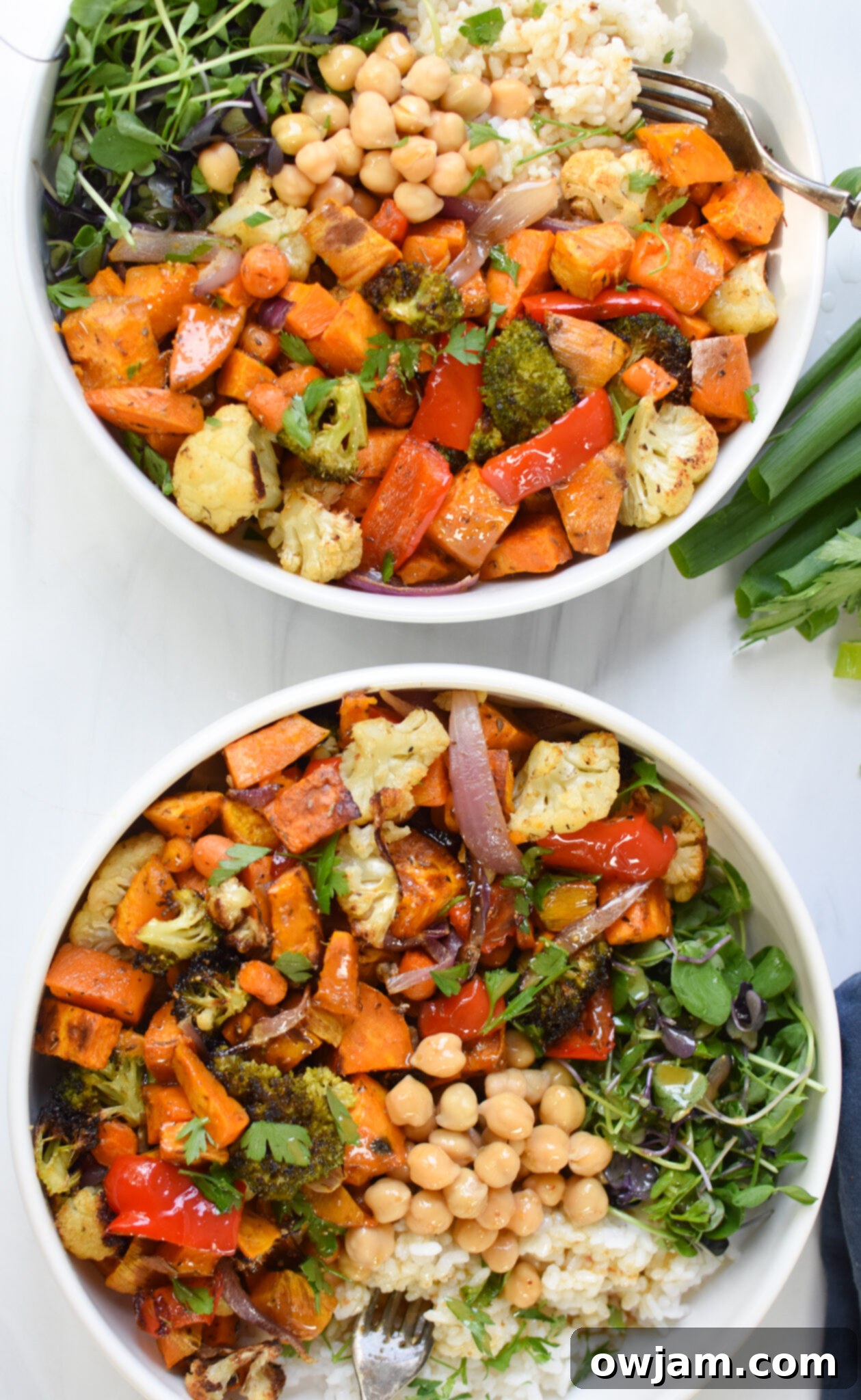 Two Sweet Potato Bowls ready to be served, showing all components and dressing.
