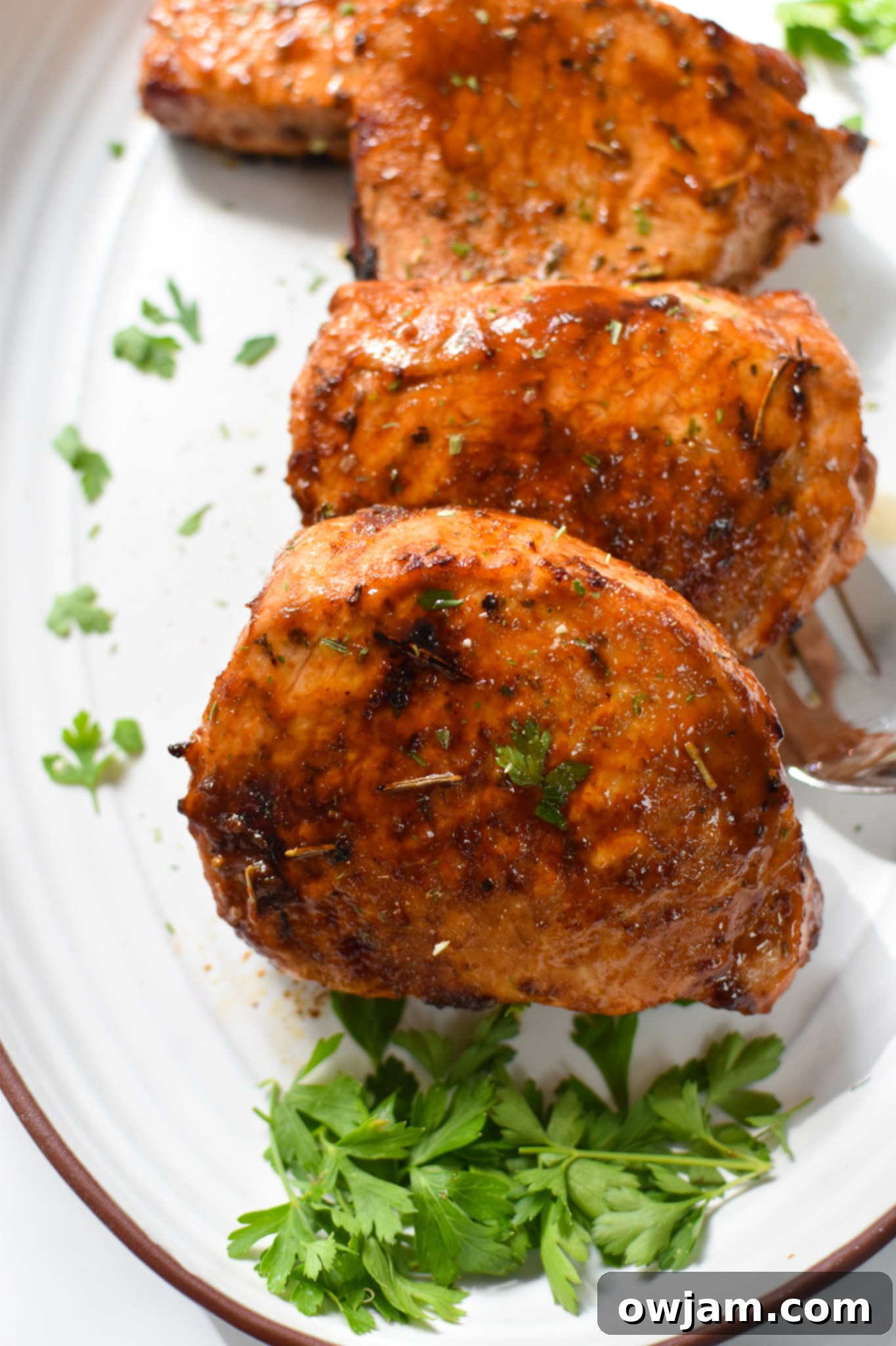 Air Fryer Boneless Pork Chops with white platter.