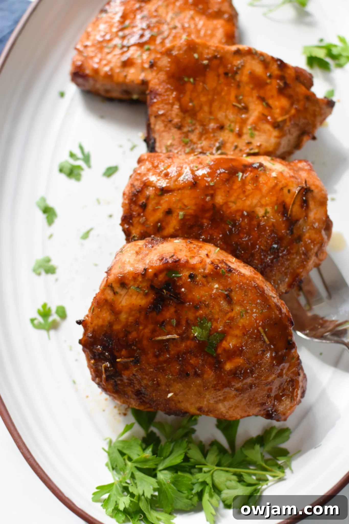 Air Fryer Boneless Pork Chops on a white plate. 