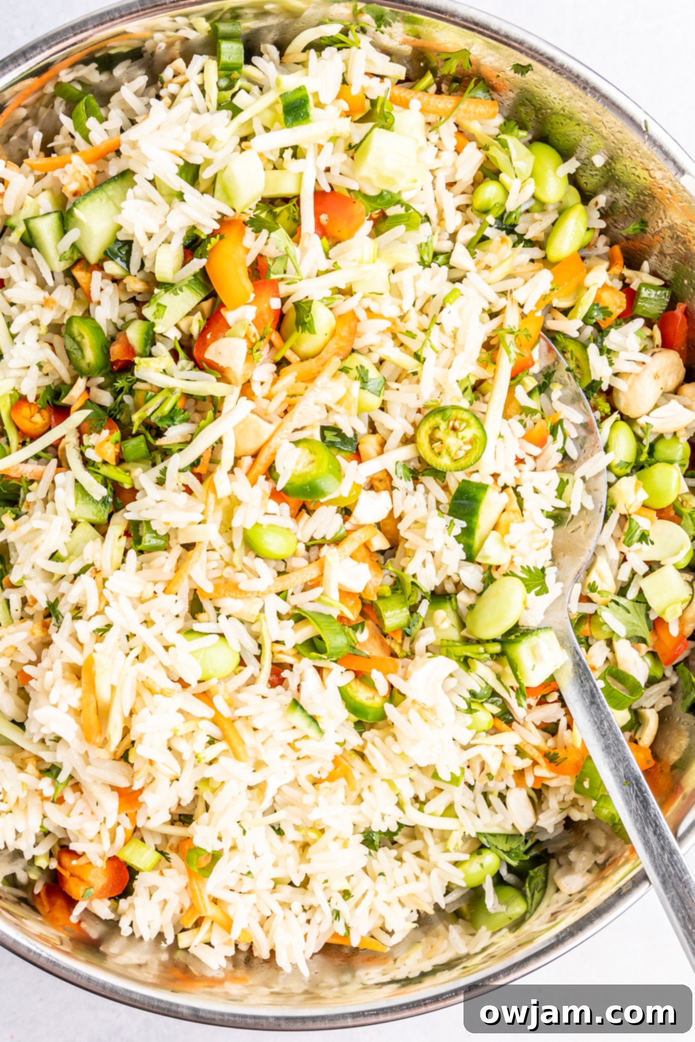 Tropical Coconut Rice Salad 2 Coconut Rice Salad in a bowl with a spoon, highlighting its vibrant ingredients.