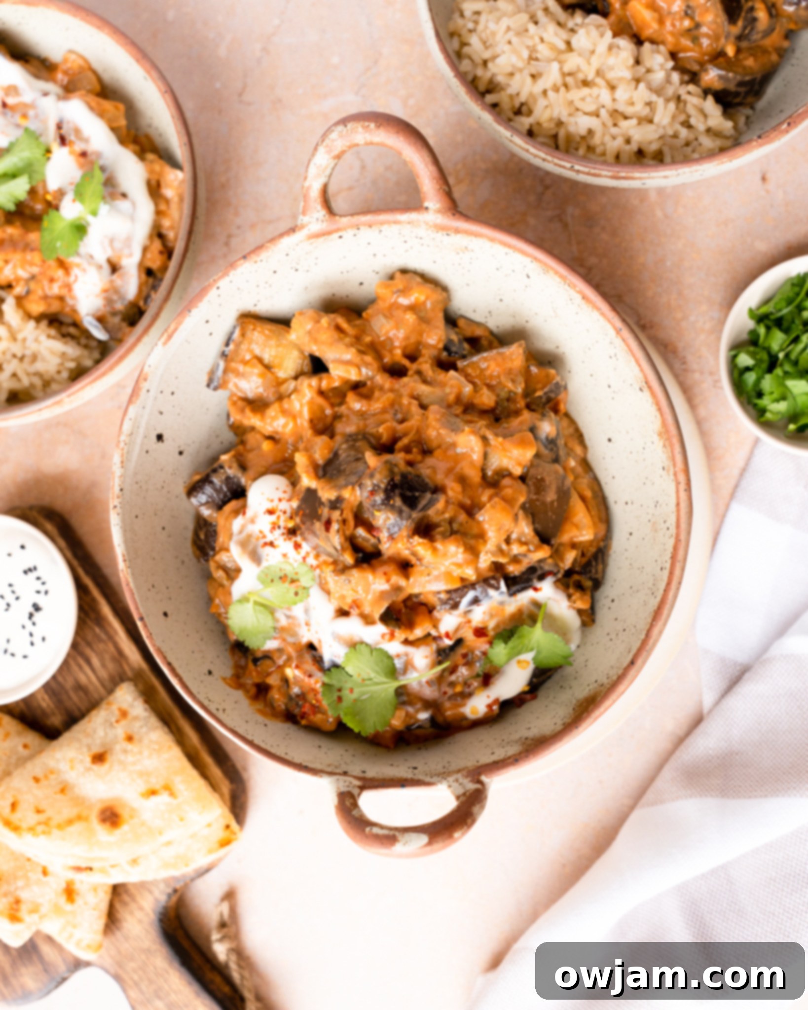 Easy Eggplant Curry served with warm naan bread on the side, indicating a complete meal.