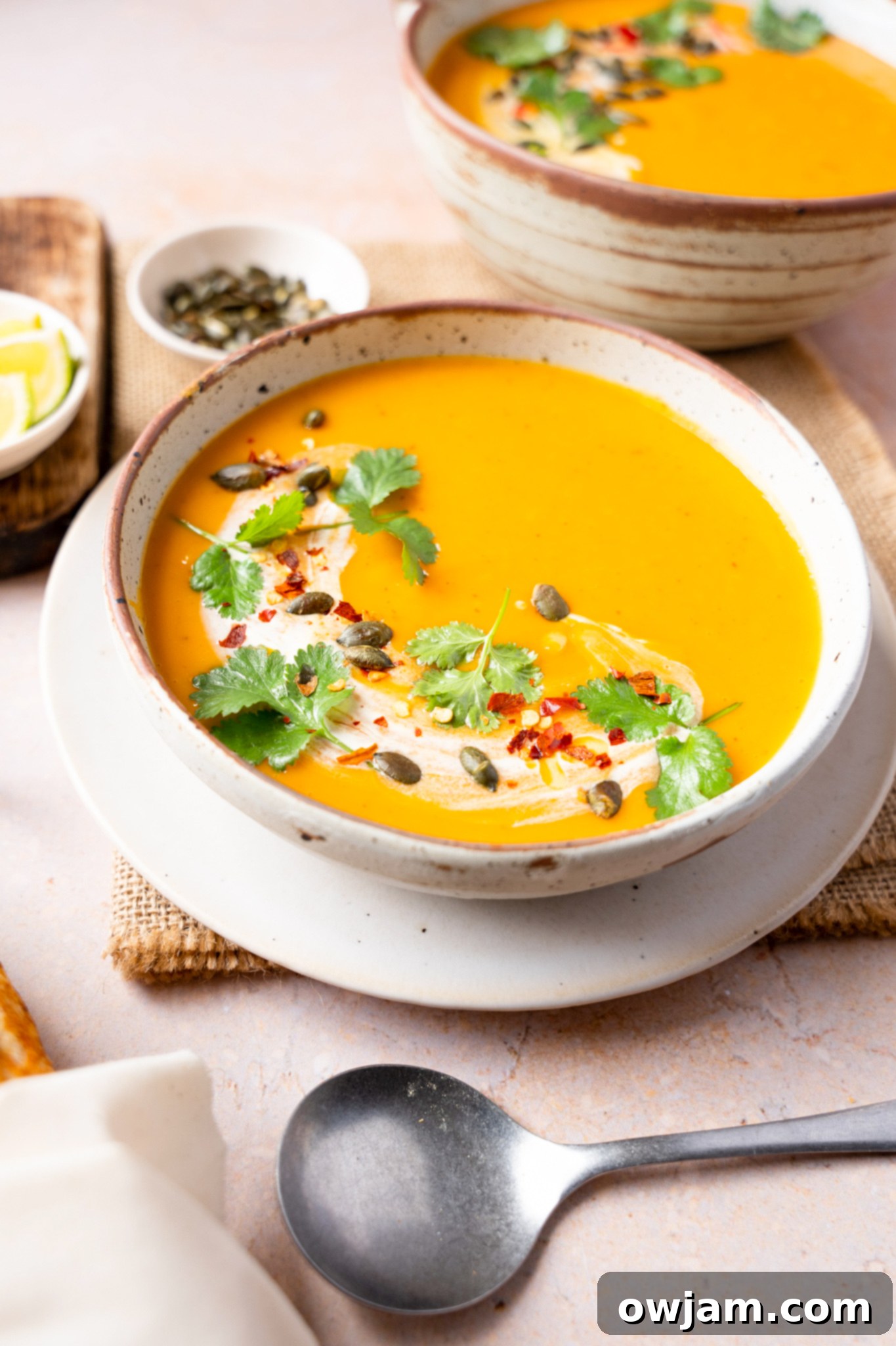 Autumn Ember Pumpkin Soup 9 A bowl of Thai Roasted Pumpkin Soup with a spoon, garnished with cilantro and pumpkin seeds.