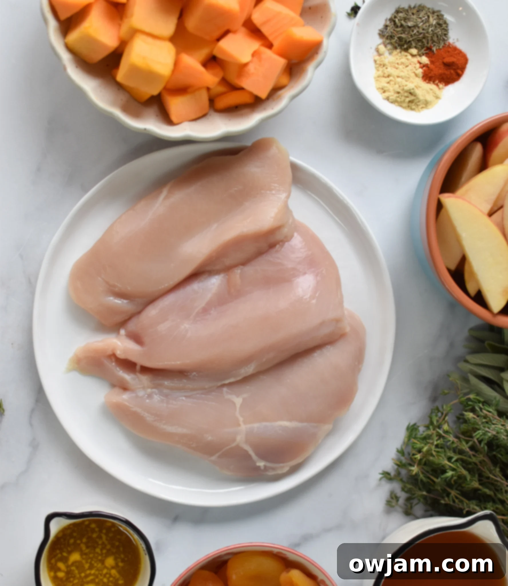 Easy Slow Cooker Apple Chicken Breasts 3 A selection of fresh ingredients for Crockpot Apple Chicken Breast Recipe, including chicken breasts, apples, butternut squash, and spices, laid out on a wooden surface.