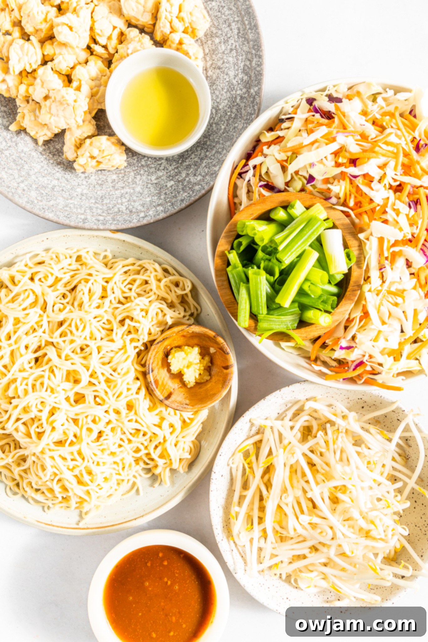 Quick Veggie Chow Mein 3 Various ingredients for Easy Vegetable Chow Mein laid out on a kitchen counter.