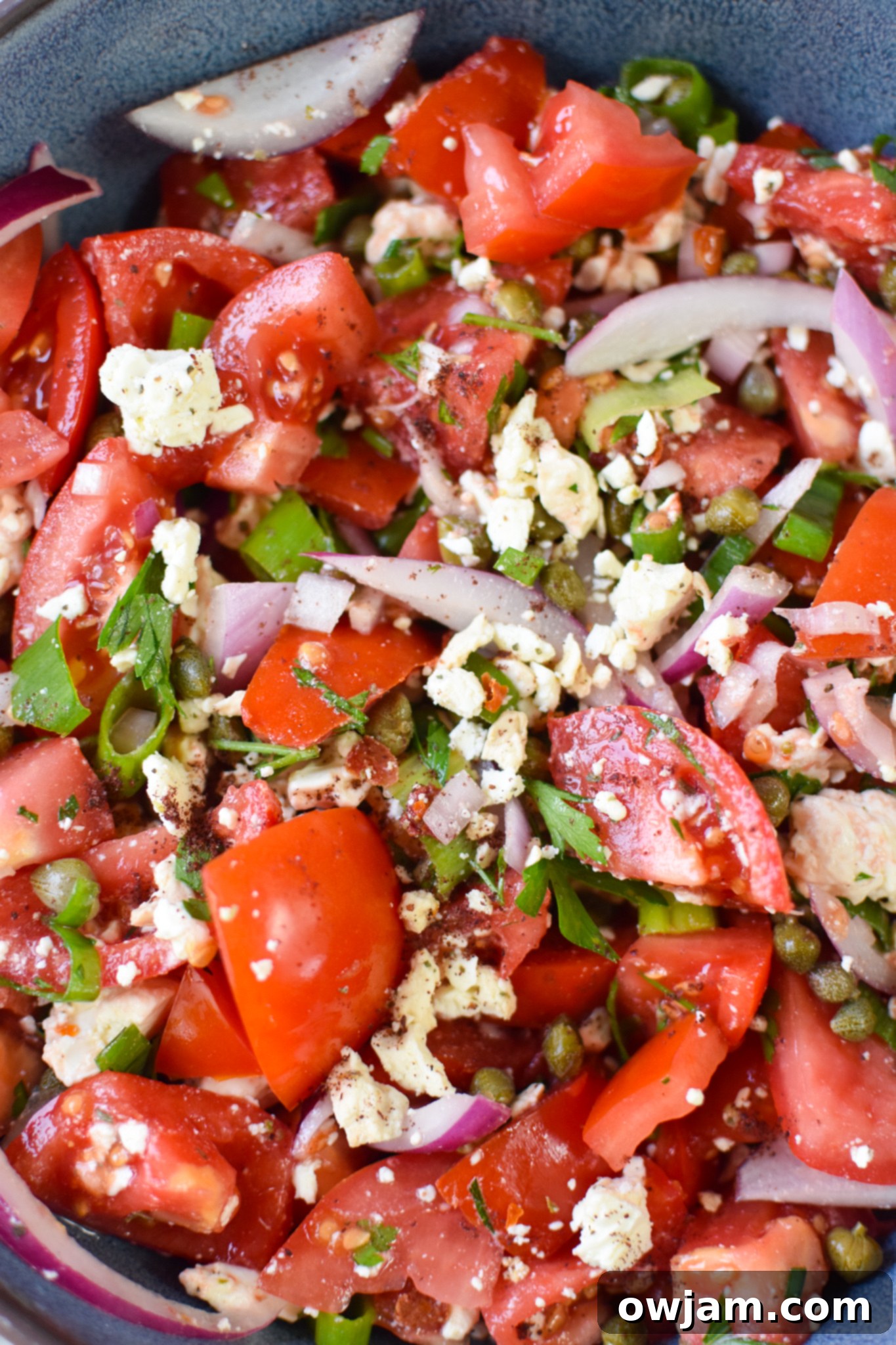 Quick and Fresh Tomato Salad 4 Close-up of Easy Tomato Salad with capers and parsley visible.