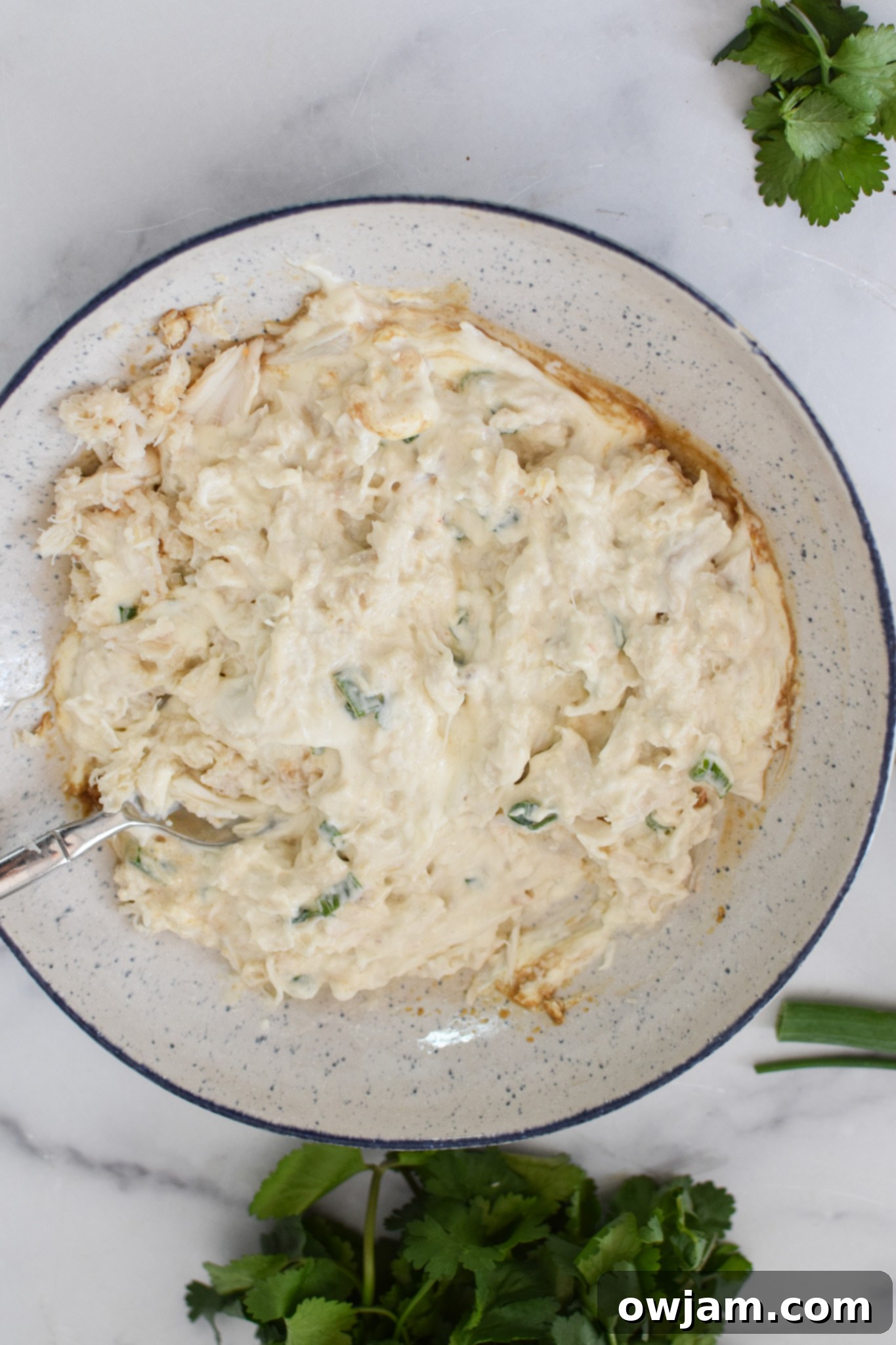 Crispy Air Fryer Crab Rangoon 5 A bowl filled with the creamy crab and cream cheese mixture, ready to be used for Air Fryer Crab Rangoon filling.