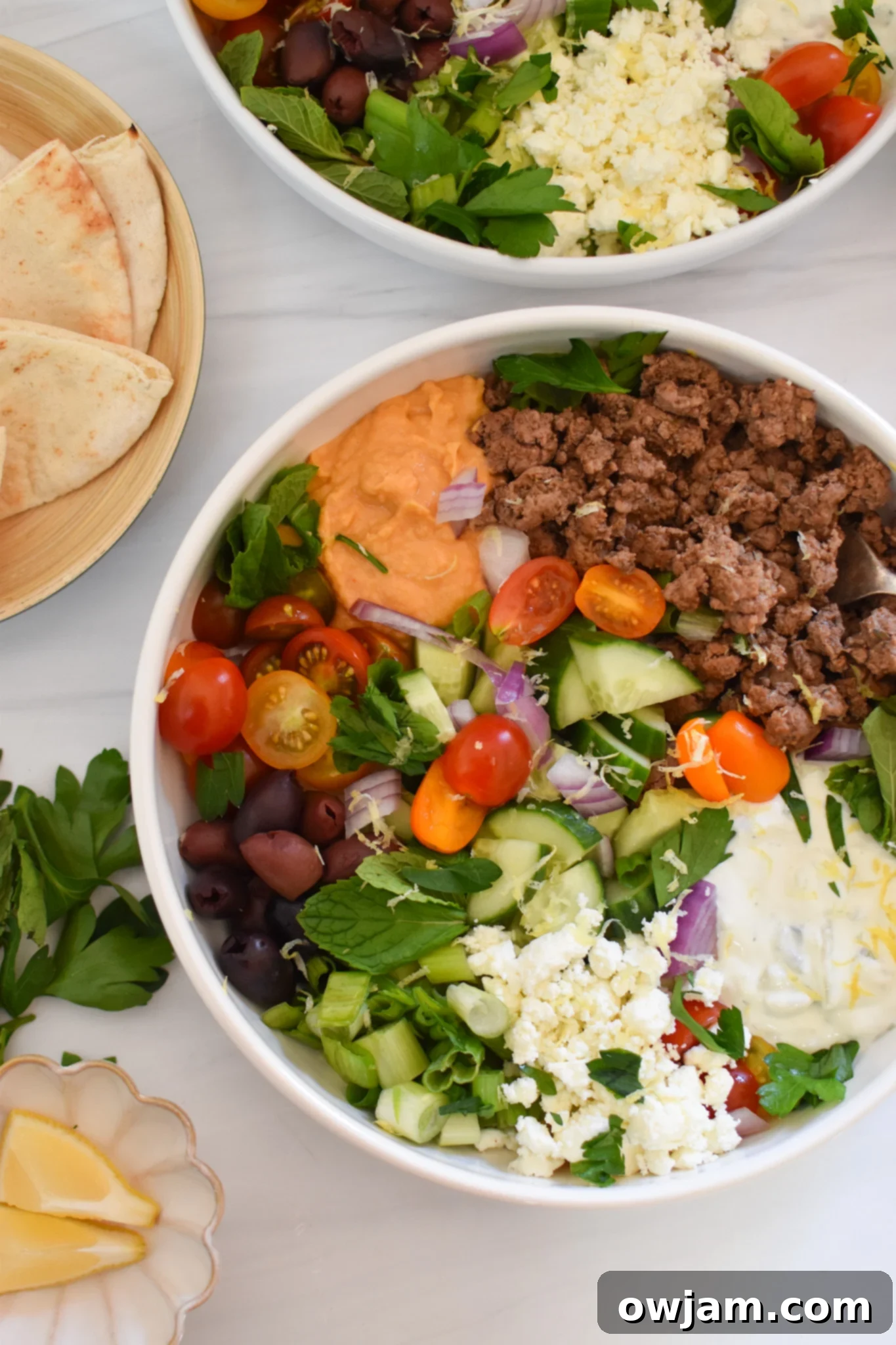 Minced Lamb Recipe with hummus in a bowl. 
