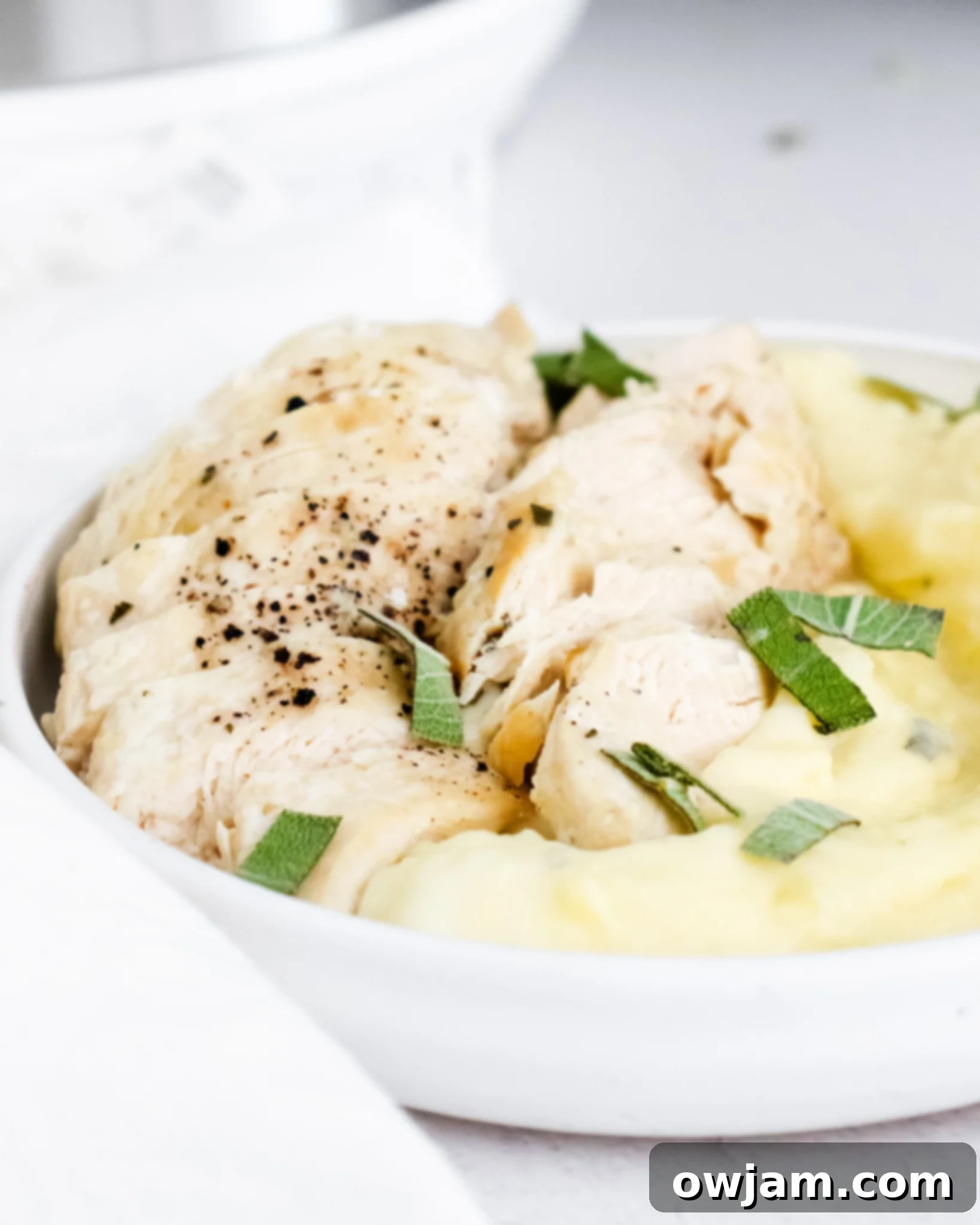 Perfect Instant Pot Chicken Breasts 2 Instant Pot Chicken Breast Recipe in a white bowl.
