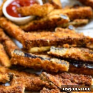 Crispy Air Fryer Eggplant Fries 10 Air Fryer Eggplant Fries served with a side of ketchup for dipping.