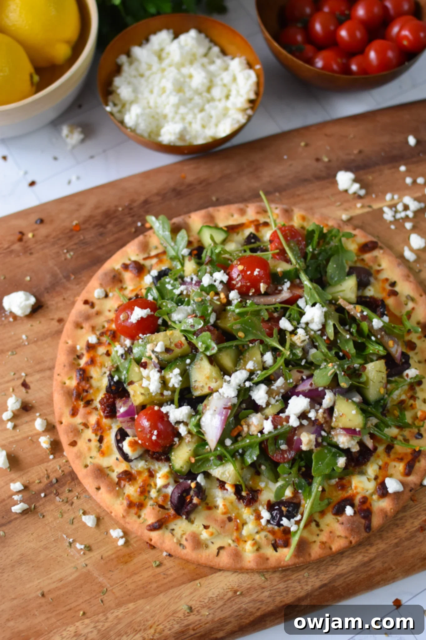 Greek Pizza with arugula.
