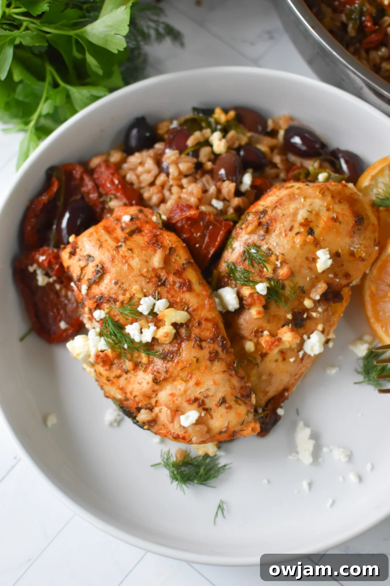 Mediterranean Sun-dried Tomato Chicken Farro Bake 4 A serving of Sun-dried Tomato Farro Chicken Bake in a white bowl, garnished with fresh herbs and feta.