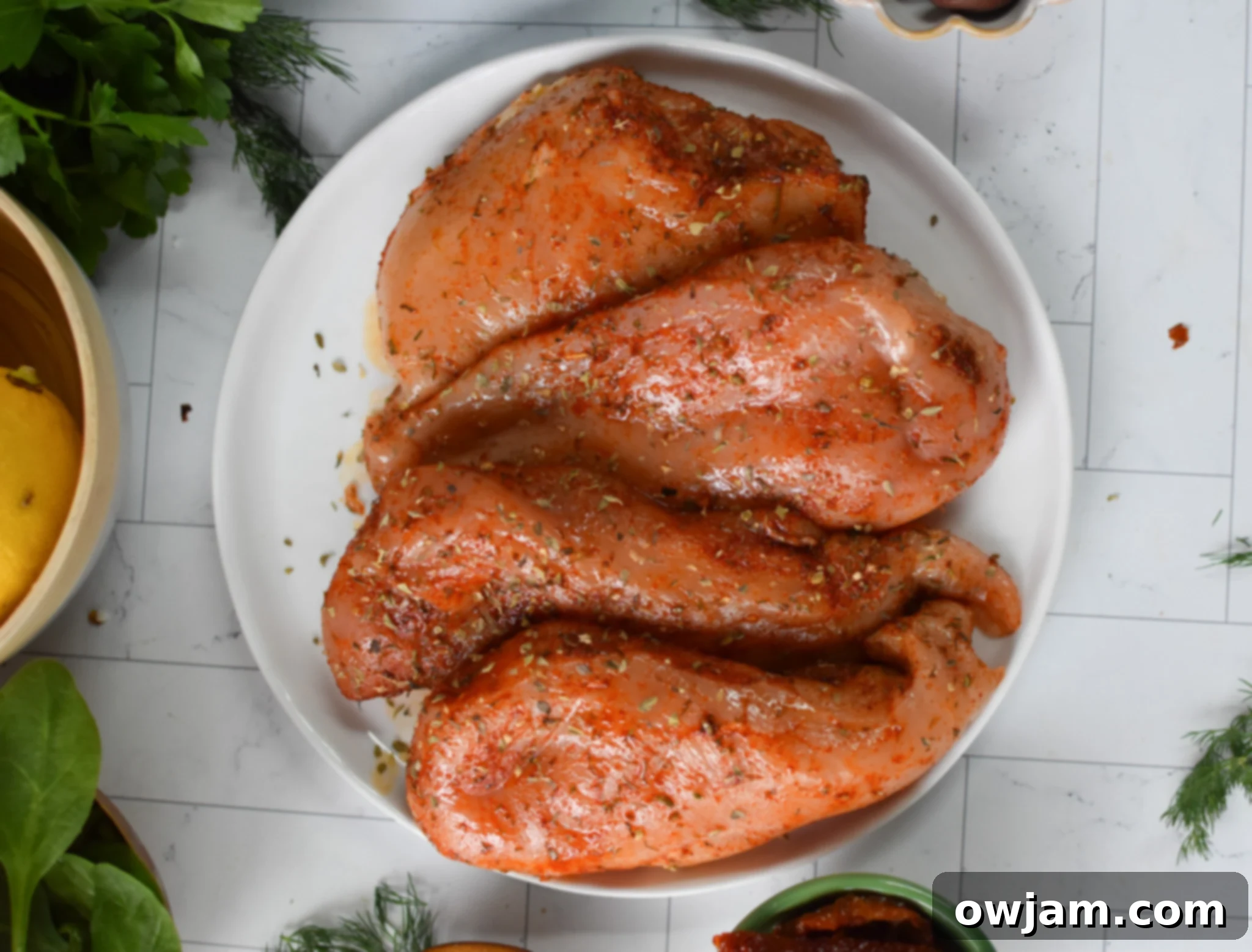 Mediterranean Sun-dried Tomato Chicken Farro Bake 5 Boneless, skinless chicken breasts coated in olive oil, balsamic vinegar, oregano, paprika, salt, and pepper in a mixing bowl.