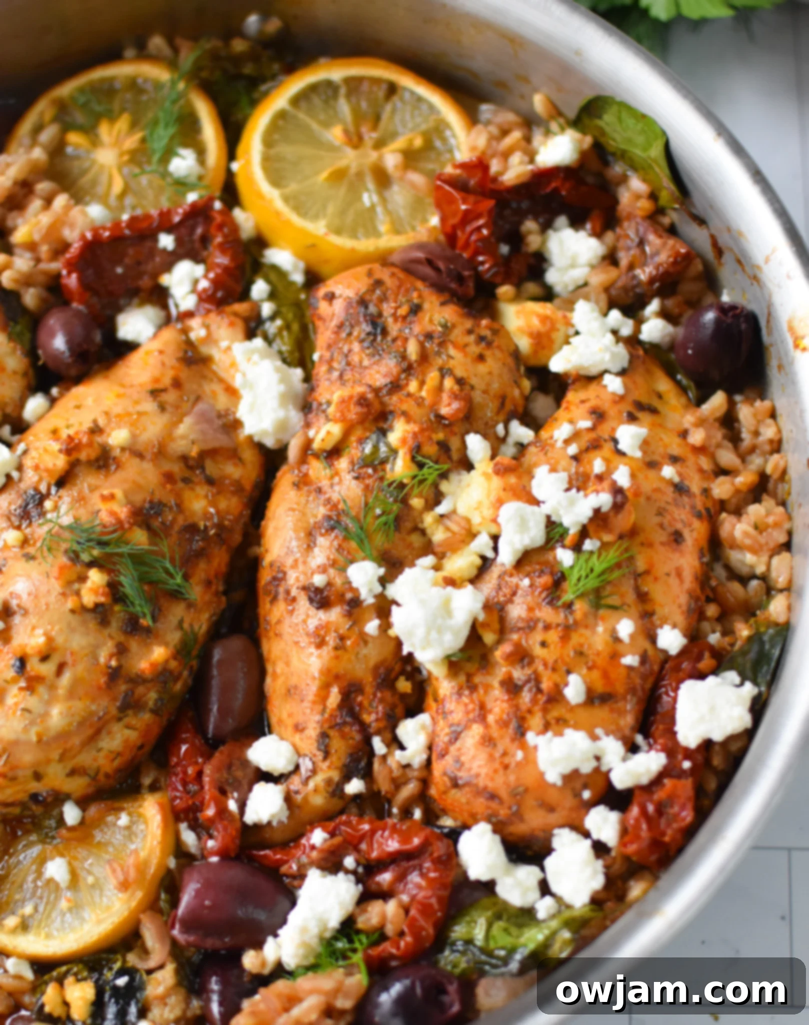 Mediterranean Sun-dried Tomato Chicken Farro Bake 7 Close-up of Sun-dried Tomato Farro Chicken Bake in a baking dish, garnished with abundant feta cheese.