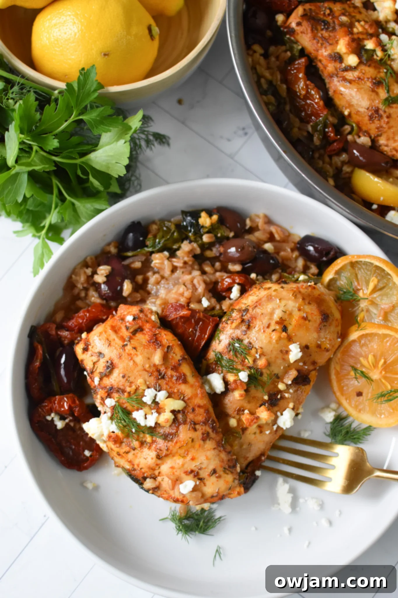 Mediterranean Sun-dried Tomato Chicken Farro Bake 9 A fork taking a bite from the Sun-dried Tomato Farro Chicken Bake in a white bowl, showing tender chicken and farro.