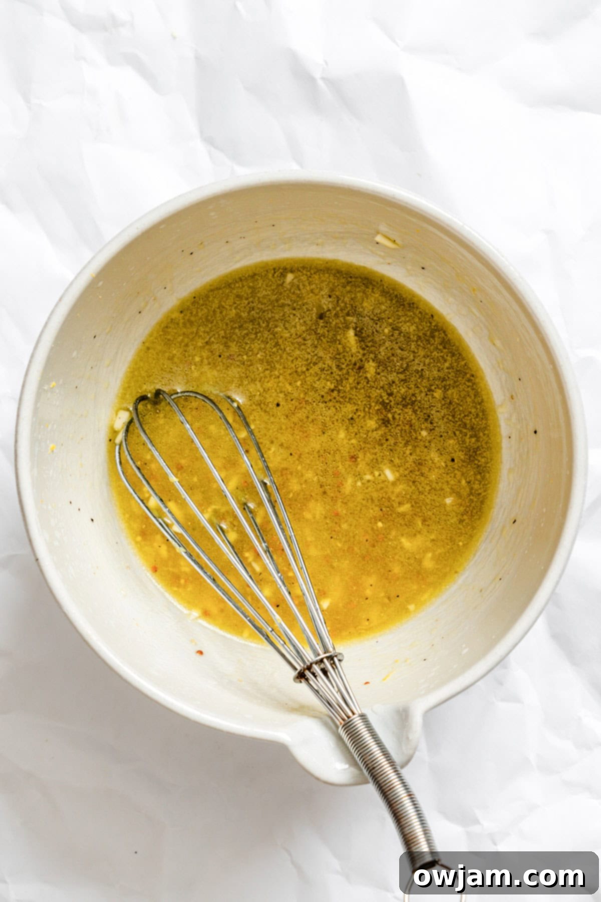 Brussels Sprout Slaw dressing ingredients in bowl