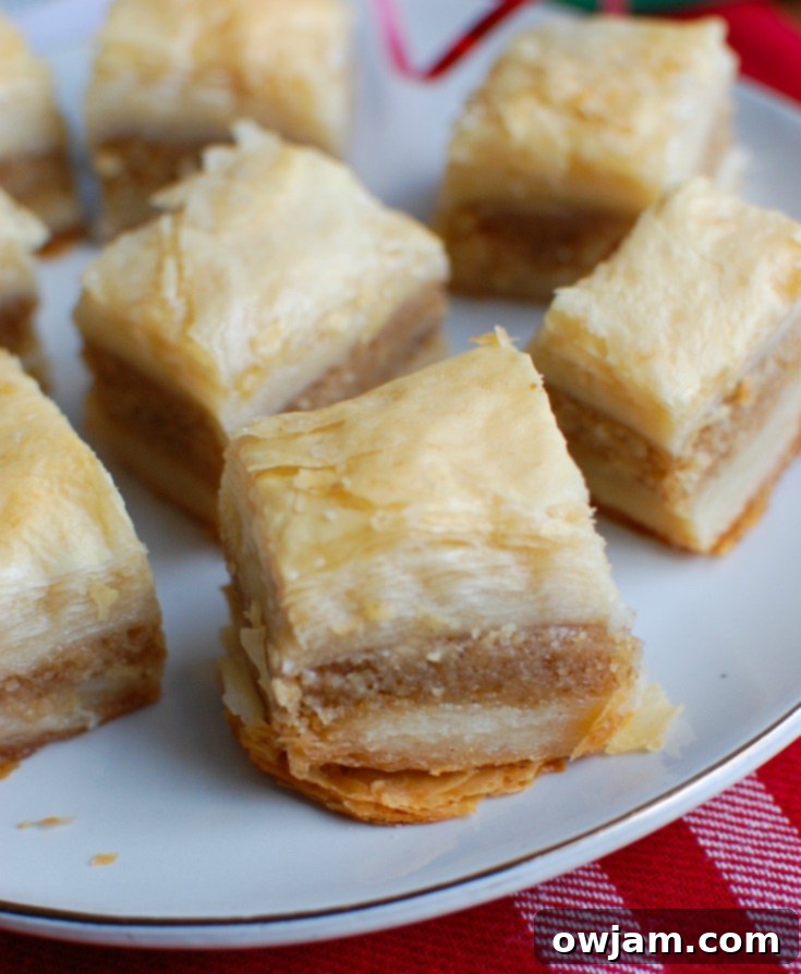 Unlock the Secrets of Perfect Baklava 2 Golden, flaky baklava pieces arranged on a plate, generously drizzled with glistening syrup, ready to be served.