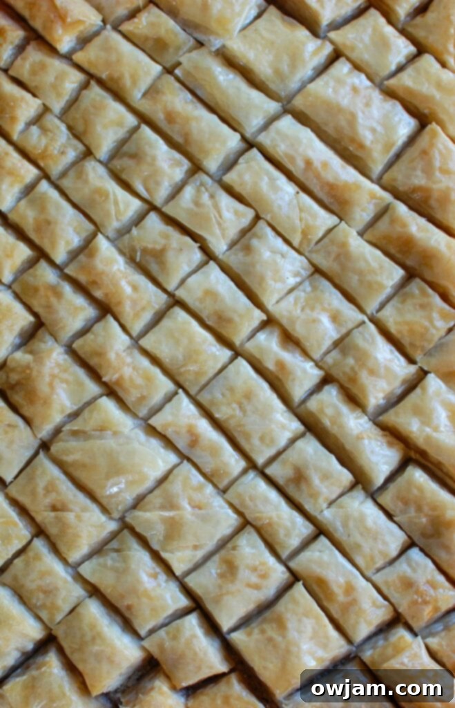 Unlock the Secrets of Perfect Baklava 5 Finished golden brown baklava pieces, perfectly cut into diamond shapes and presented in small paper liners, highlighting their delicious crispness and syrupy glaze.
