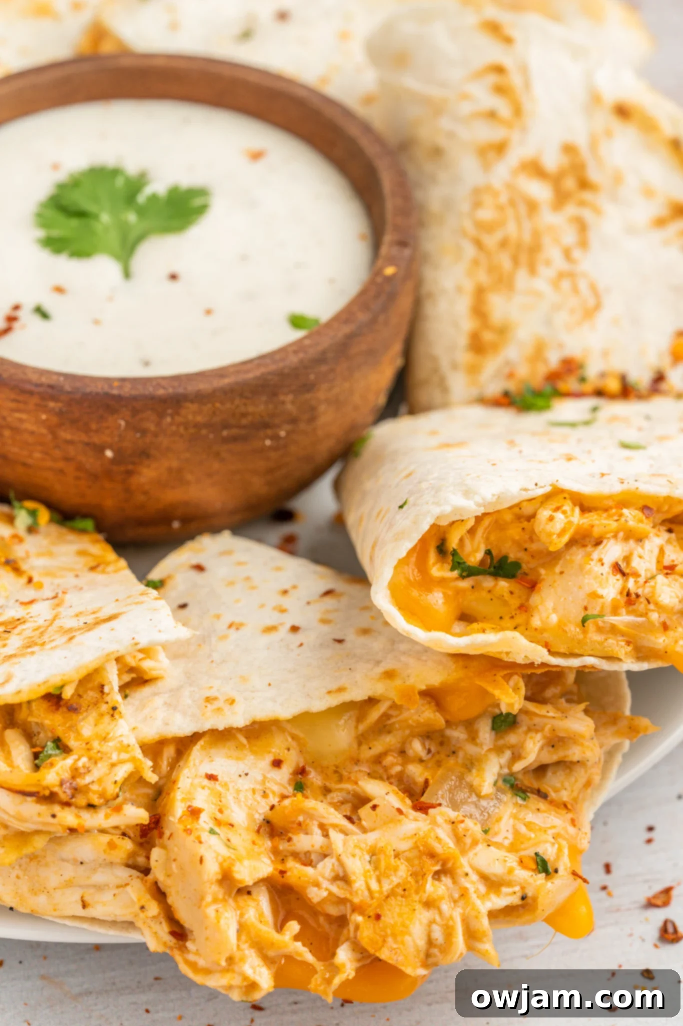 Easy Buffalo Chicken Quesadilla on a white plate, garnished with cilantro.