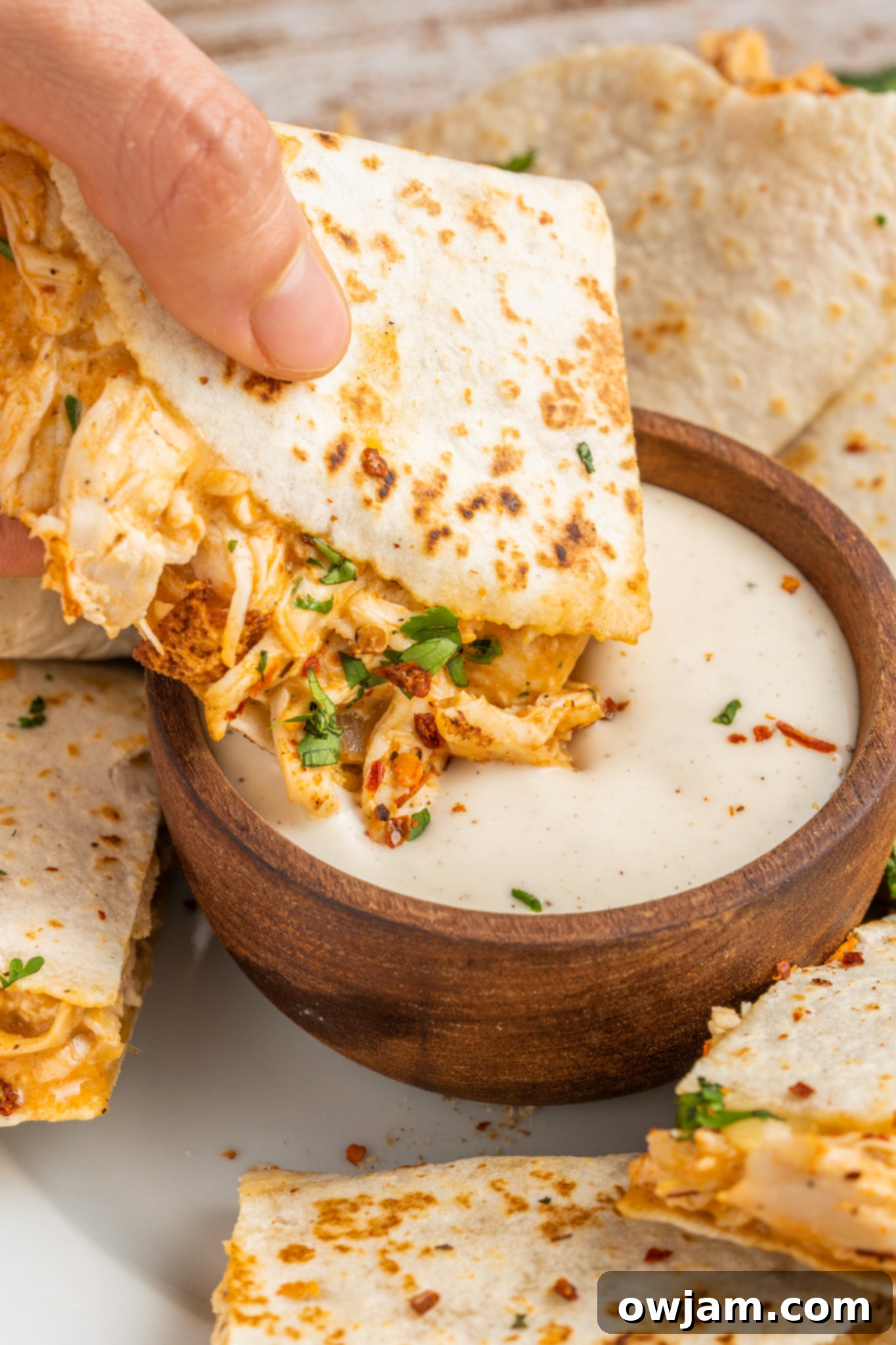 Easy Buffalo Chicken Quesadilla with a side of ranch dip and fresh cilantro.
