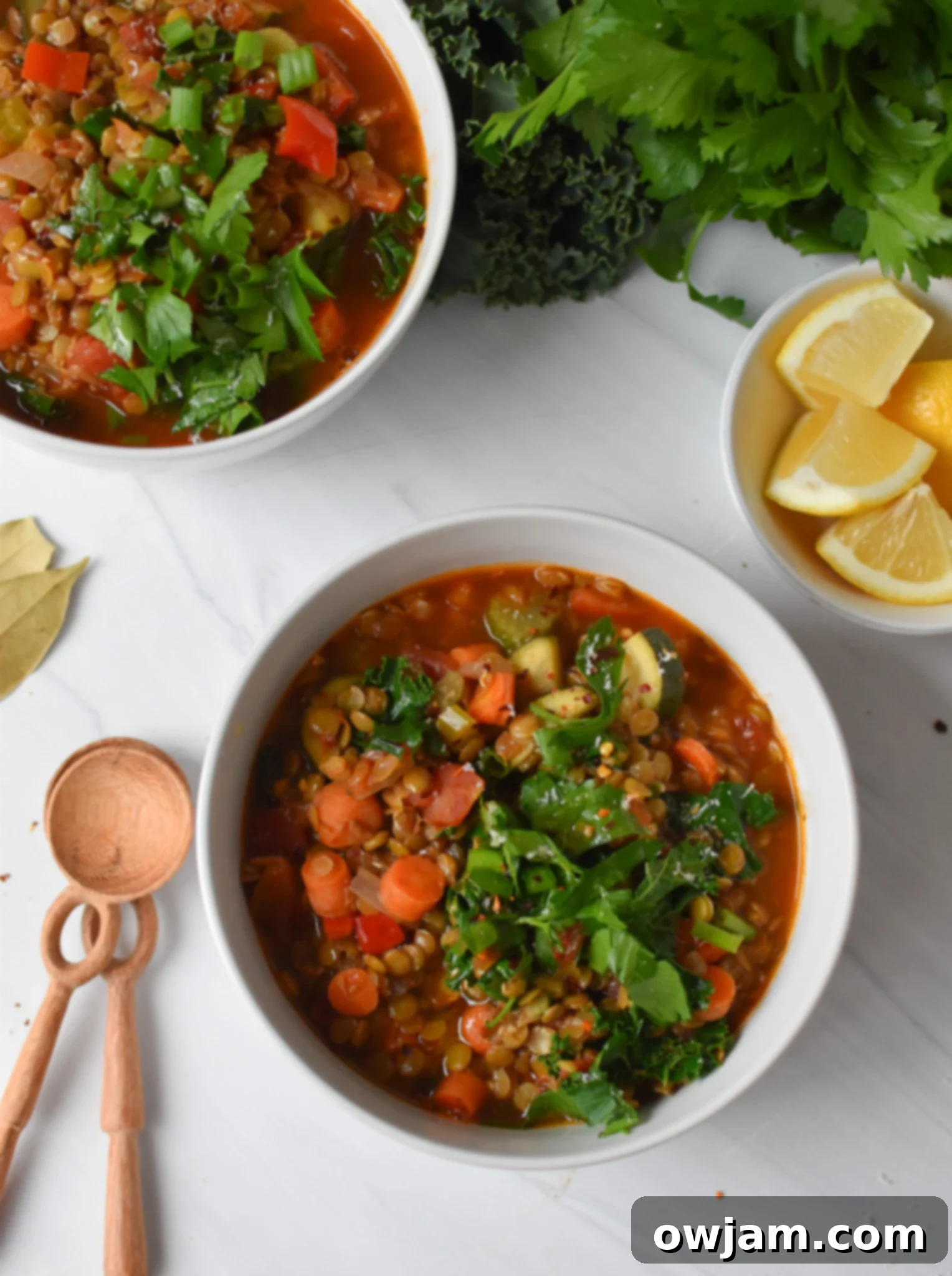 Tuscan Lentil Soup 4 Italian Style Lentil Soup in white bowls.