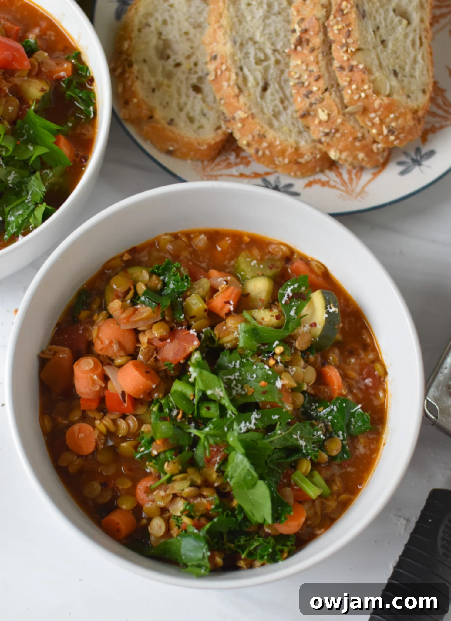 Tuscan Lentil Soup 7 Italian Style Lentil Soup with bread.