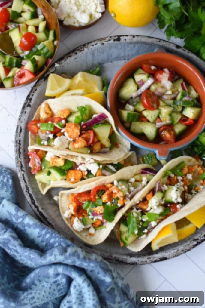 Mediterranean Garden Tofu Tacos 2 Mediterranean Style Tofu Tacos on a blue plate