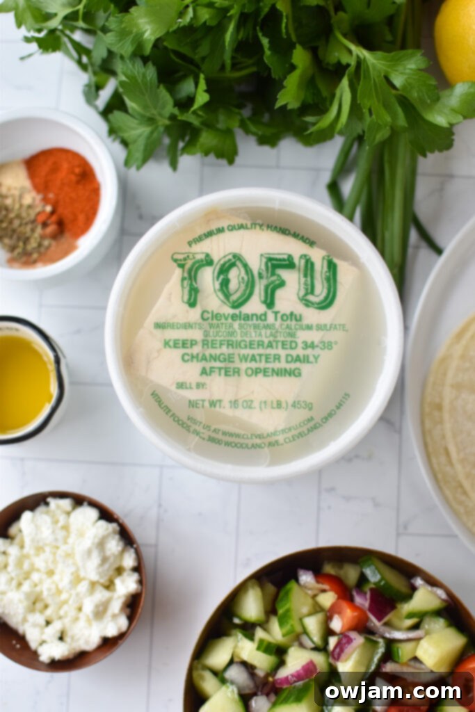 Mediterranean Garden Tofu Tacos 3 Mediterranean Style Tofu Tacos ingredients.