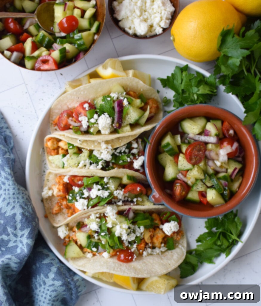Mediterranean Garden Tofu Tacos 7 Finished Mediterranean Style Tofu Tacos with toppings.
