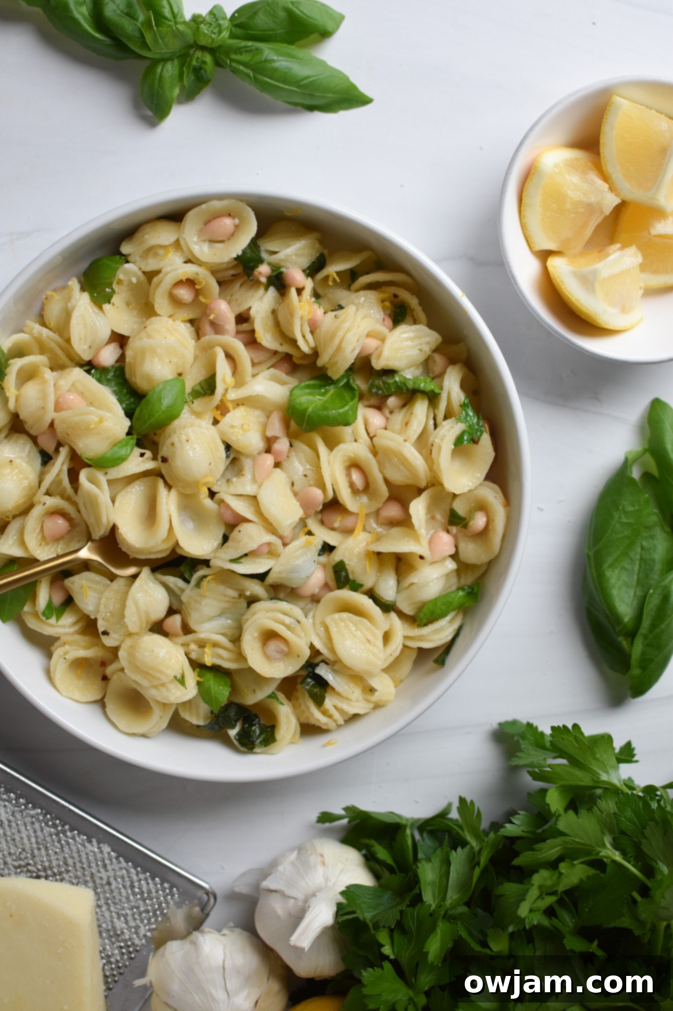 Lemon Basil Pasta with basil and white beans. 