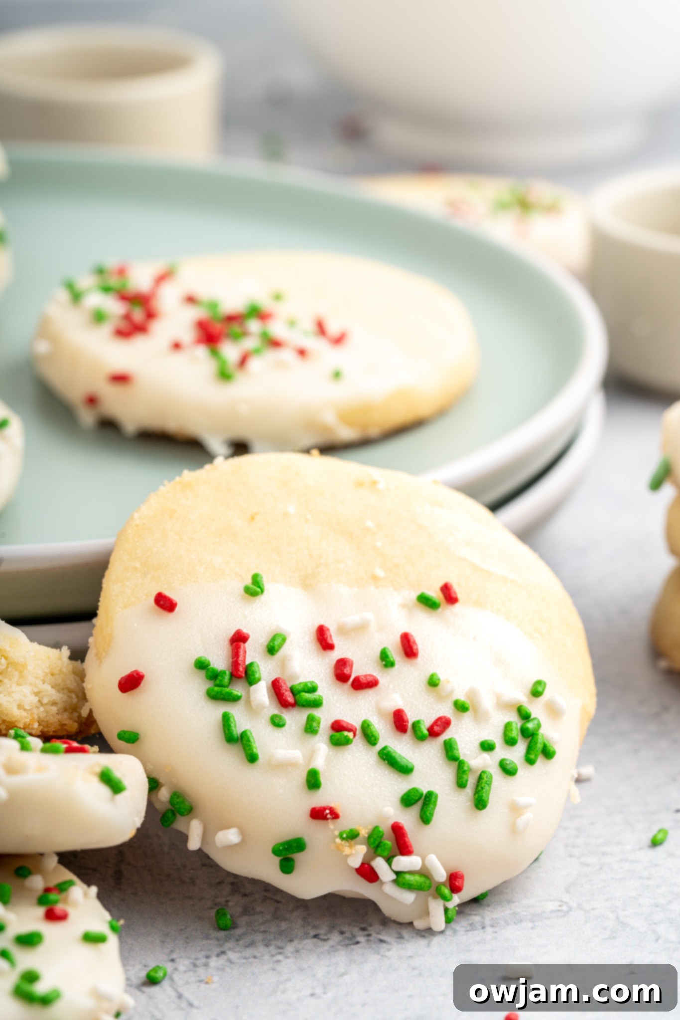 Beautifully decorated Christmas Shortbread Cookies arranged on a plate, showcasing their festive appeal.