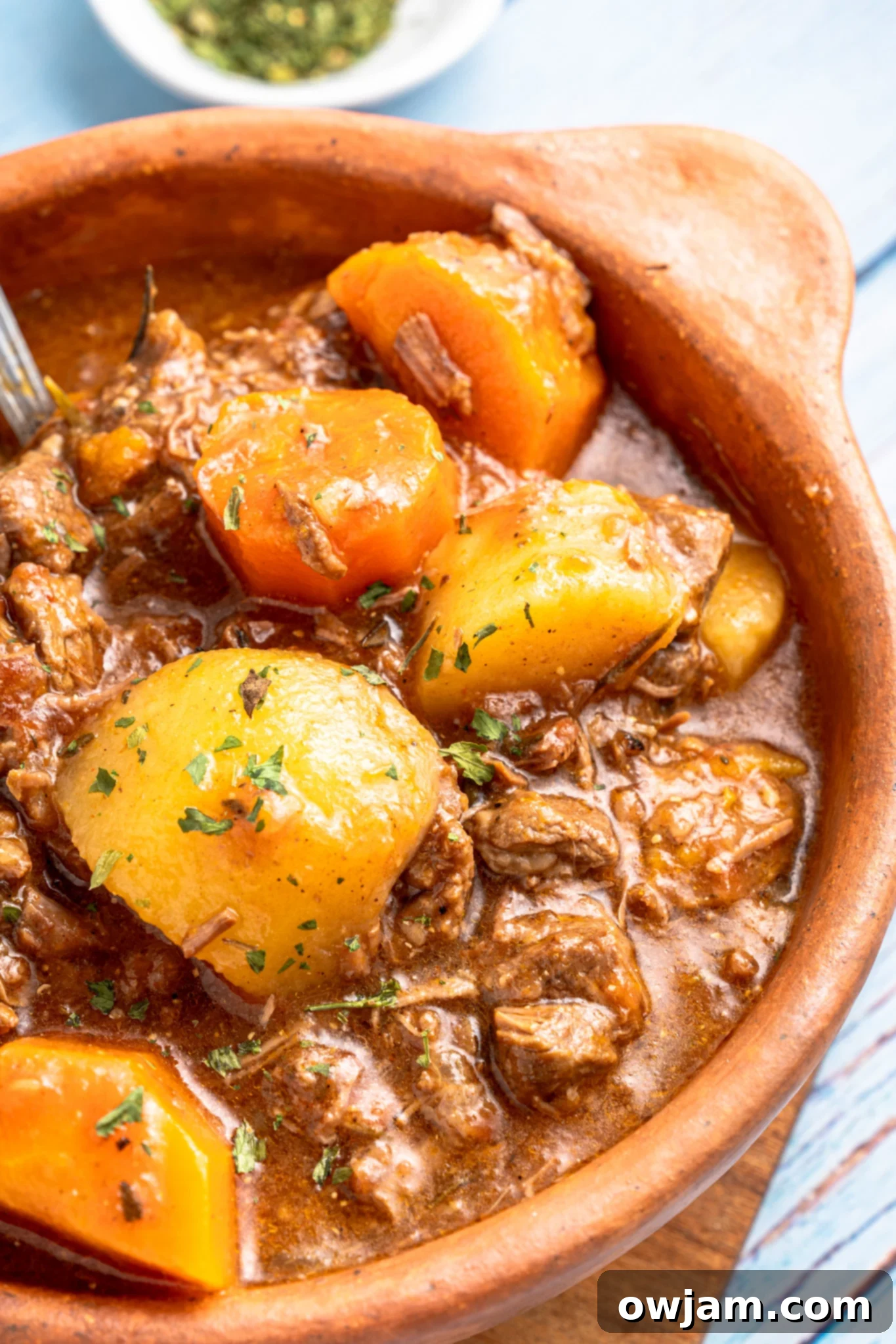 Crock Pot Beef Stew in a brown bowl.