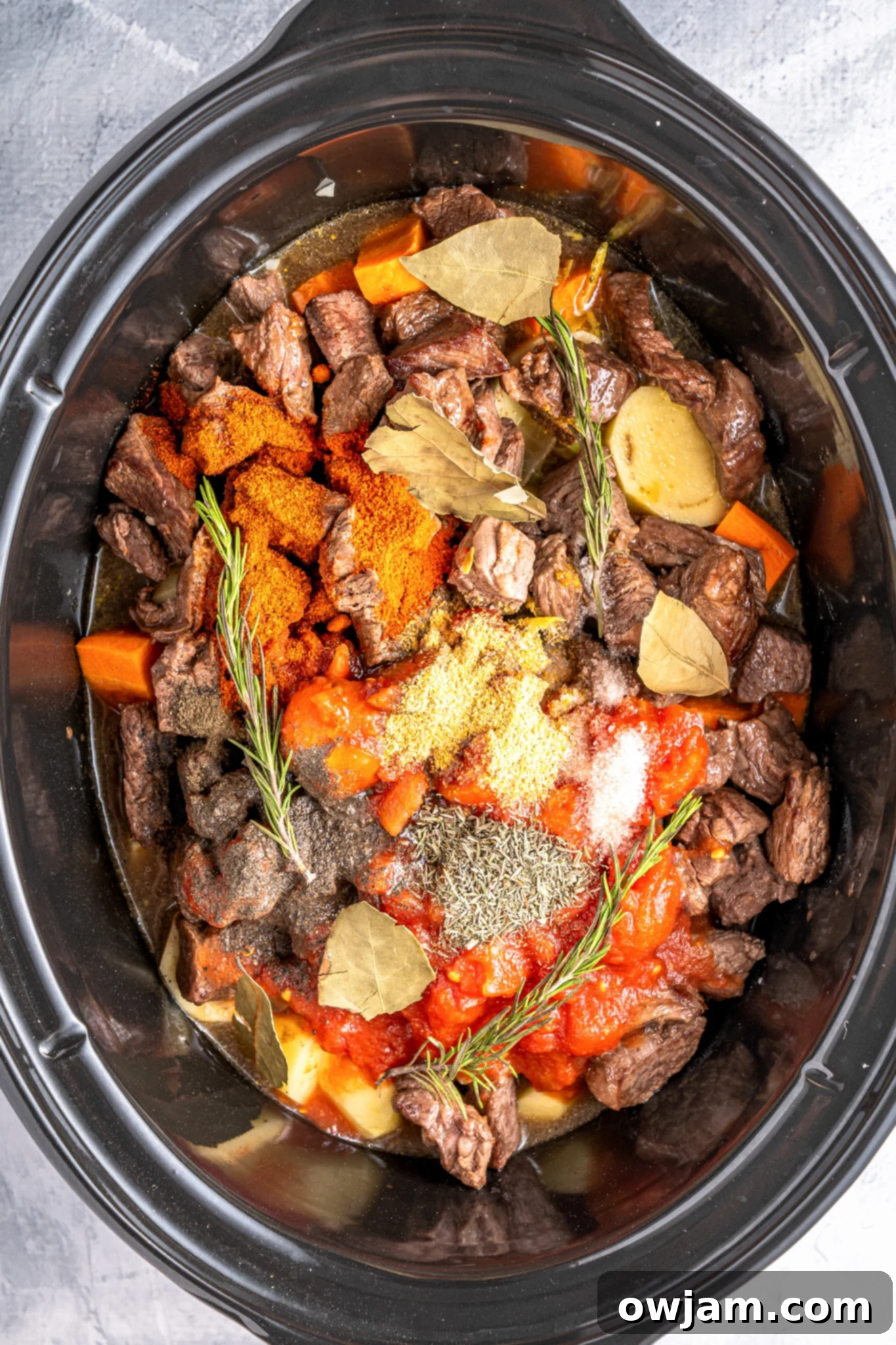 Crock Pot Beef Stew ingredients in a crockpot. 