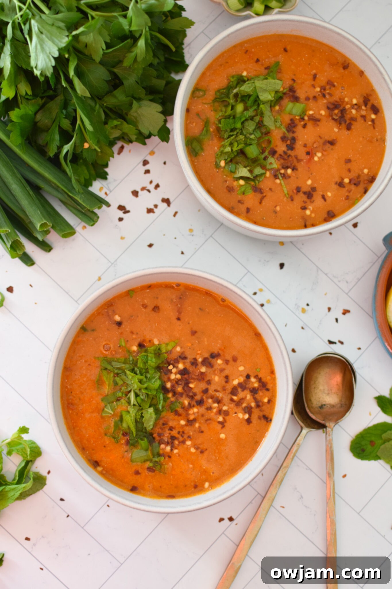 Turkish Lentil Soup 6 Turkish Lentil Soup with spoons.