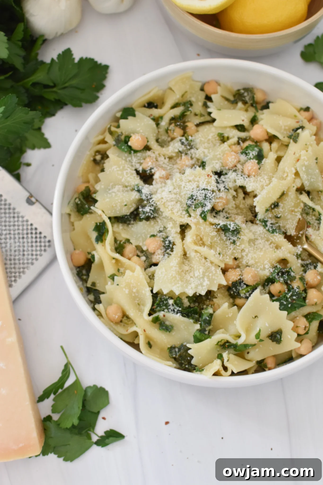 Cheesy Kale Pasta with Parmesan cheese. 