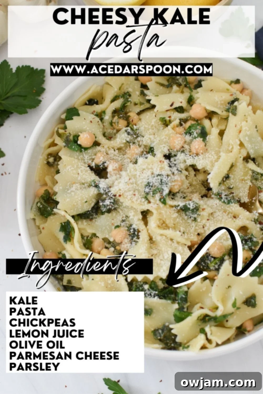Cheesy Kale Pasta with logo.